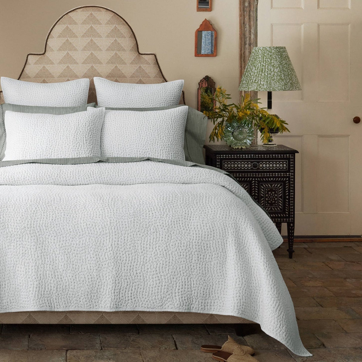 Organic Hand Stitched Sage Quilt by John Robshaw at Fig Linens and Home - Lifestyle Photo on Bed