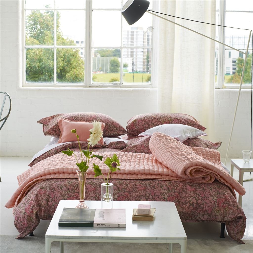 Designers Guild Chenevard Blossom & Peach Quilt in Bedroom with Flowers