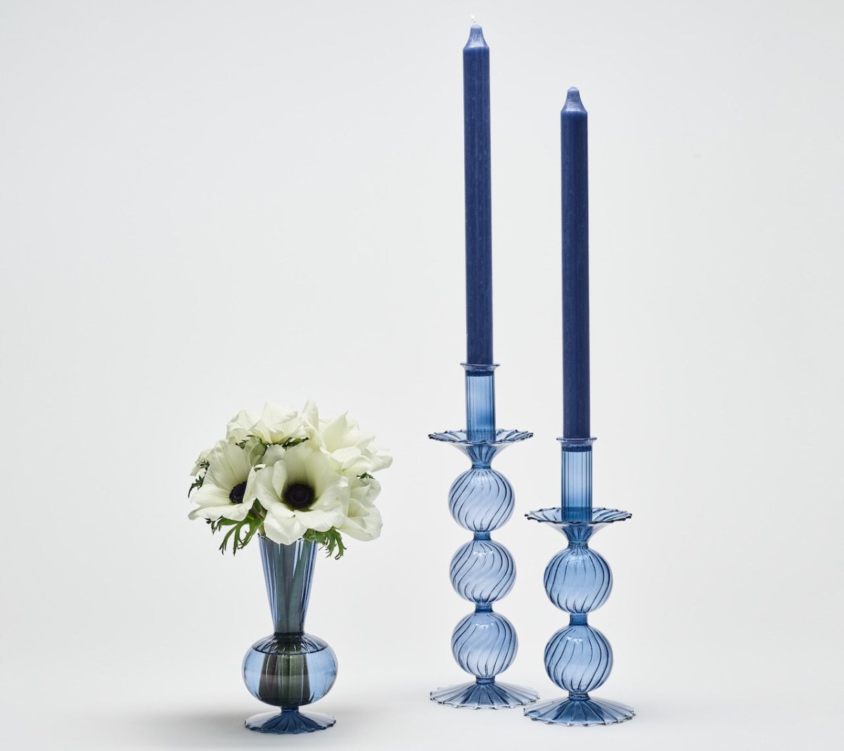 Kim Seybert BUD VASE: TESS S3 - Cadet Blue Glass Bud Vases Set at Fig Linens and Home 3 - Shown with Candlesticks
