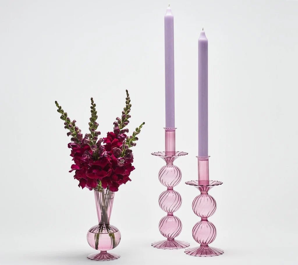 Kim Seybert BUD VASE: TESS S3 - Lavender Violet Glass Bud Vases Set at Fig Linens and Home 3 - shown with Candlesticks
