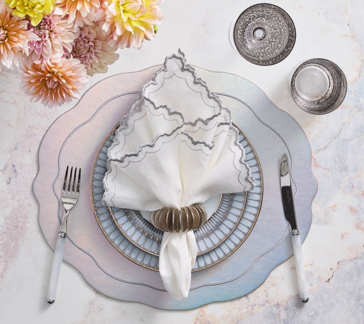 Kim Seybert Tailored Placemat in Iridescent & Silver Set of 4 by Kim Seybert - IRIDESCENT/SILVER 17.25"L x 15"W x 0.1"H Placemat - Set of 4 at FIG LINENS AND HOME - 1