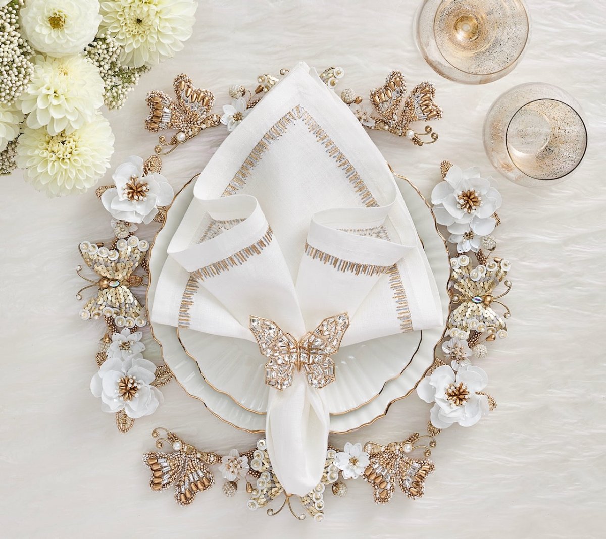 Kim Seybert Papillon Napkin Ring in Gold & Crystal Set of 4 in a Gift Box by Kim Seybert - GOLD/CRYSTAL 3.25"L x 2.5"W x 2"H Napkin Ring - Set of 4 at FIG LINENS AND HOME - 2