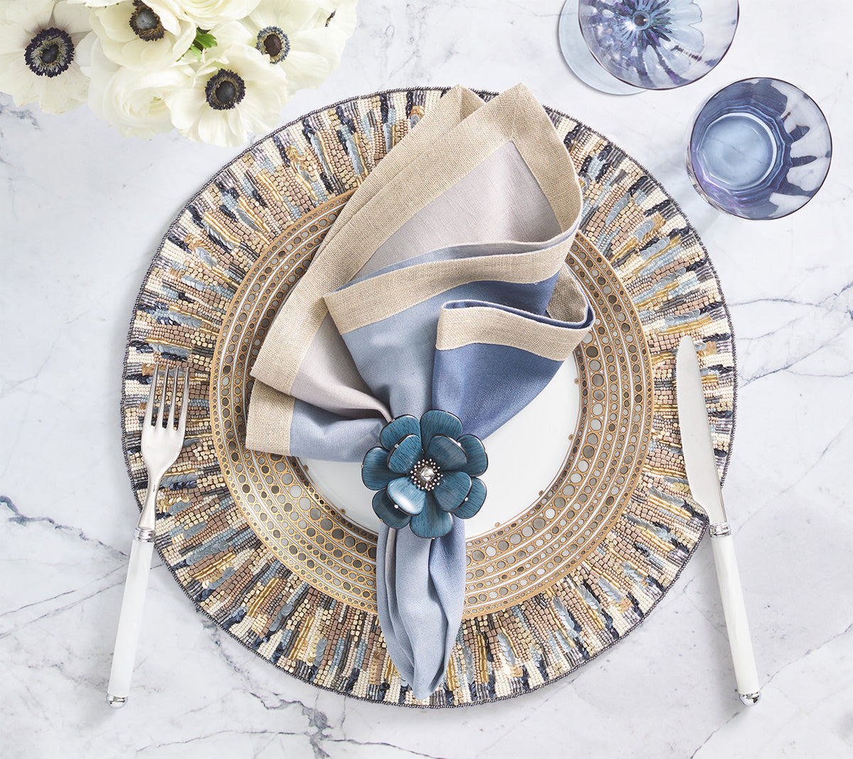 Kim Seybert Diadem Placemat in Ivory & Blue, Set of 2 at Fig Linens and Home - Lifestyle 1