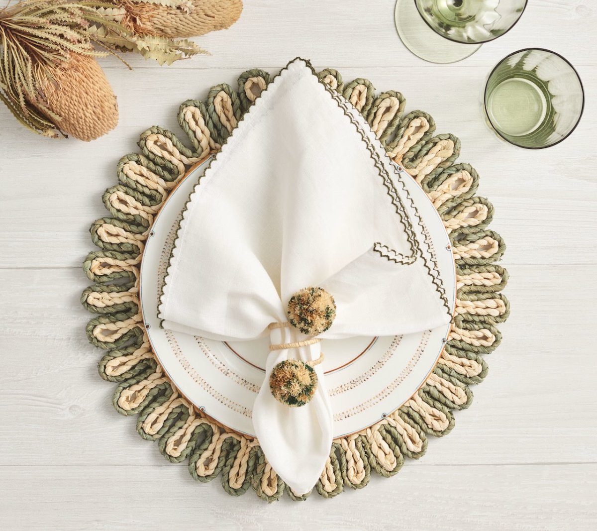 Kim Seybert Casbah Placemat in Natural & Green Set of 4 by Kim Seybert - Natural/Green Placemat Set of 4 - 15"L x 15"W x 0.5"H at FIG LINENS AND HOME - 2
