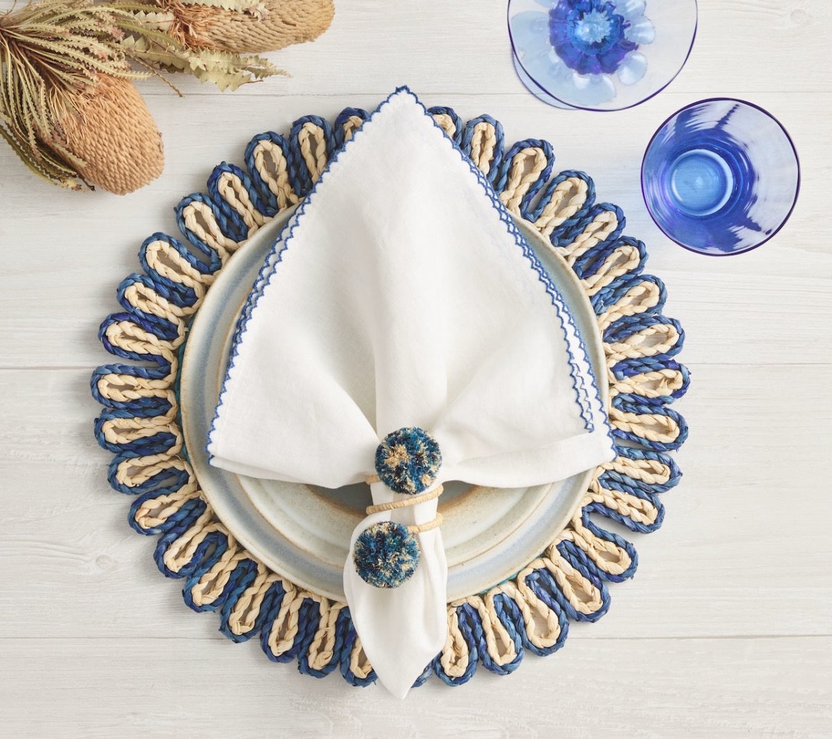 Kim Seybert Casbah Placemat in Natural & Blue Set of 4 by Kim Seybert - Natural/Blue Placemats Set of 4 - 15"L x 15"W x 0.5"H at FIG LINENS AND HOME - 2