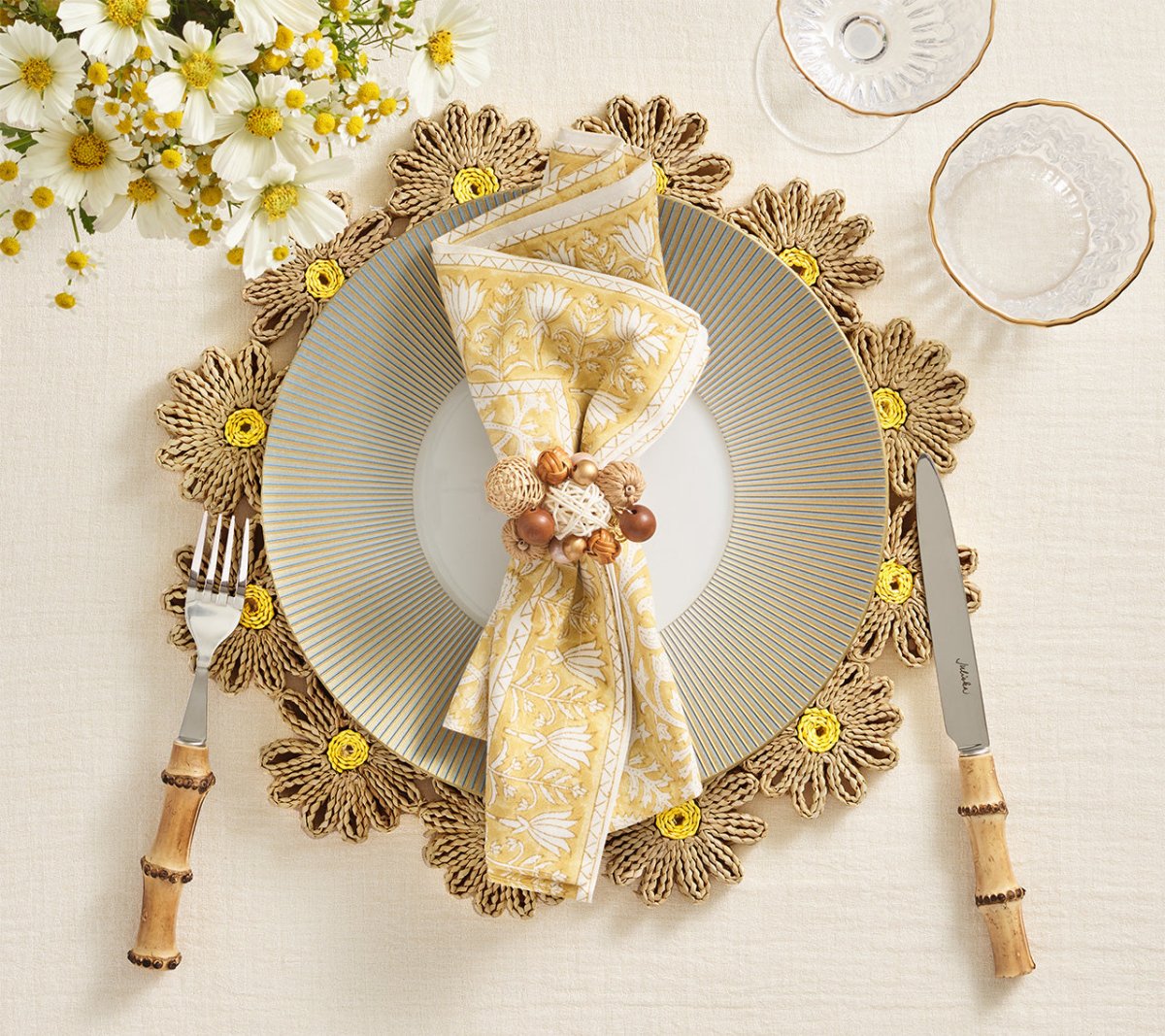 Kim Seybert Yellow Daisy Placemats at Fig Linens and Home - Table Lifestyle with Neutral Napkin