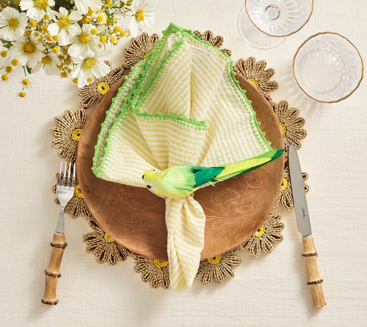 Kim Seybert Yellow Daisy Placemats at Fig Linens and Home - Table Lifestyle with Yellow Napkin