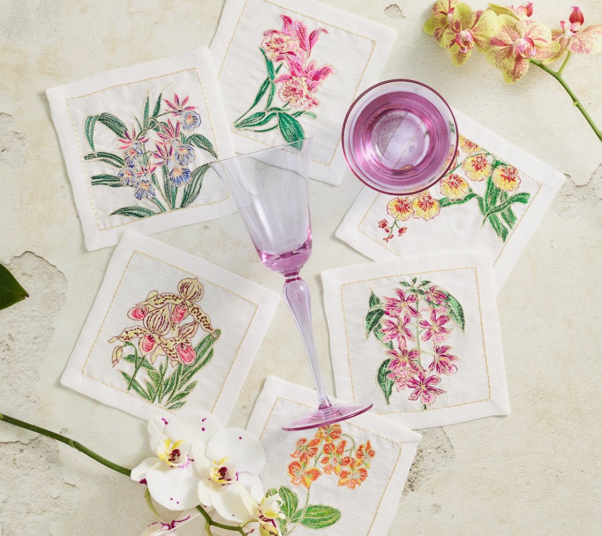 Kim Seybert Orchid Cocktail Napkins in White & Multi, Set of 6 in a Gift Box by Kim Seybert - White/Multi 6"L x 6"W x 0.1"H at FIG LINENS AND HOME - 1