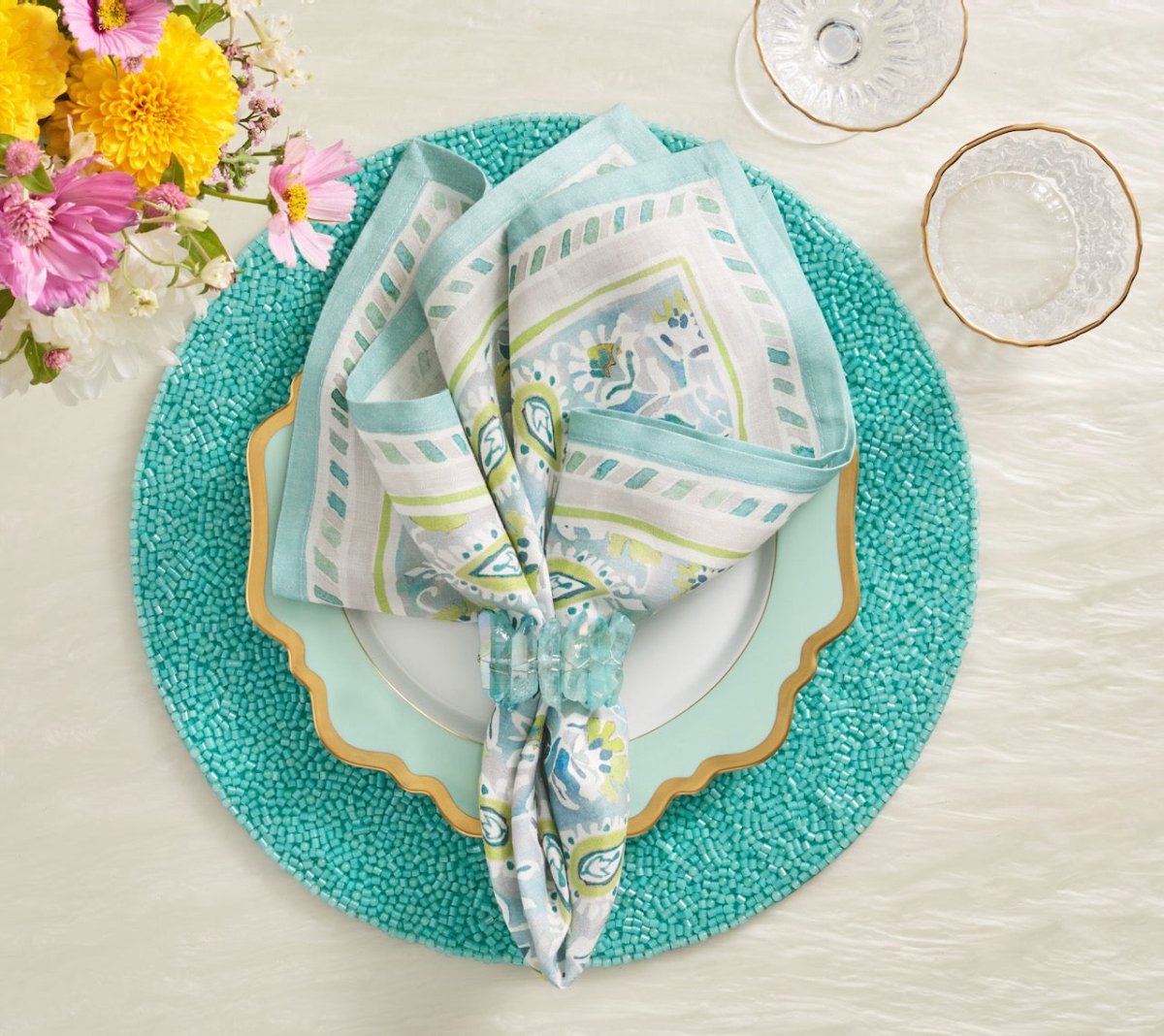 Tuquoise Placemat - Perennial Turquoise Placemats Set of 4 - Kim Seybert at Fig Linens and Home 4