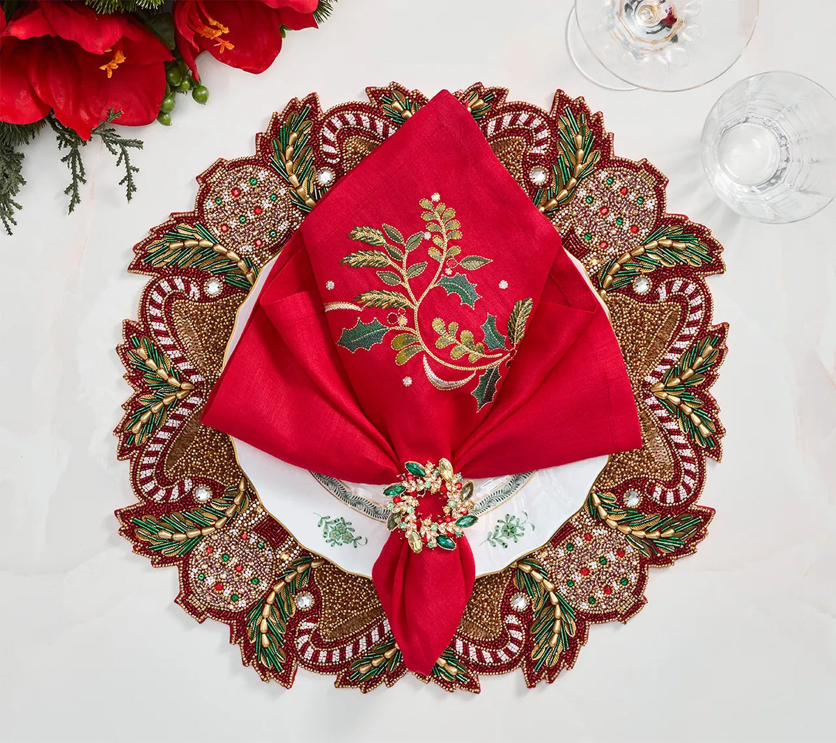 Candy Cane Bow Red/Green/Gold Placemat Detail 3 | Kim Seybert at Fig Linens and Home