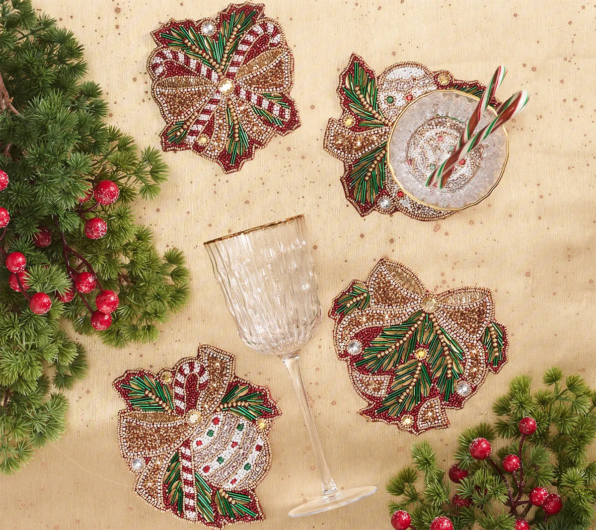 Candy Cane Bow Red/Green/Gold Coaster Detail 2 | Kim Seybert at Fig Linens and Home