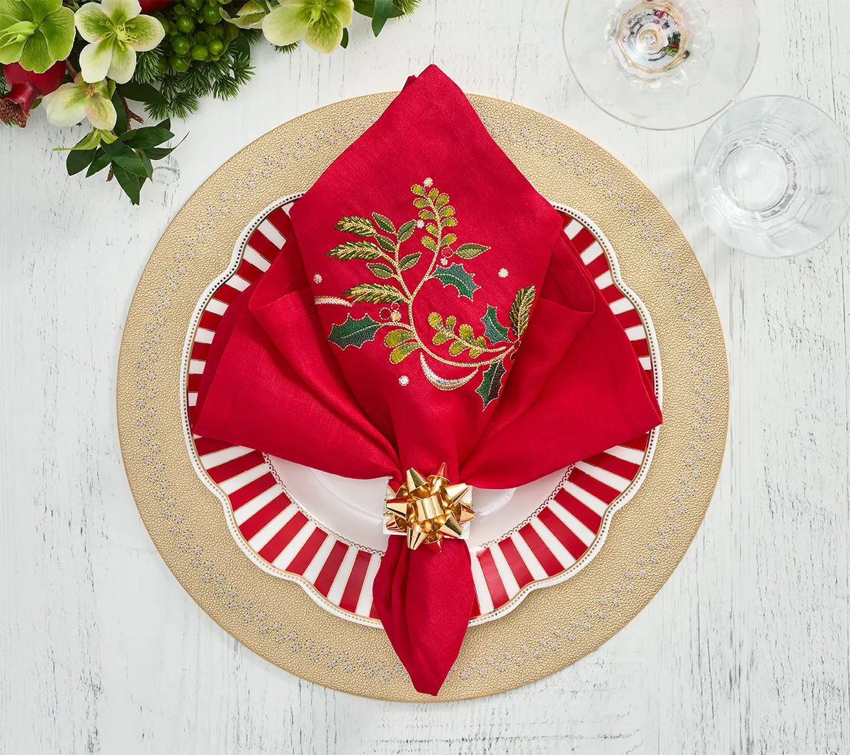Holly Ribbon Red/Green/Gold Napkin Detail 4 | Kim Seybert at Fig Linens and Home