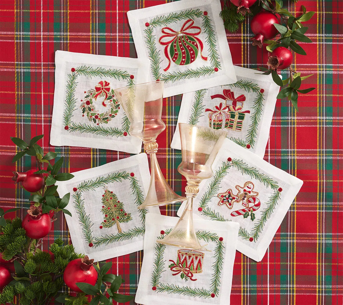 Xmas Trellis White/Multi Cocktail Napkin Detail 2 | Kim Seybert at Fig Linens and Home