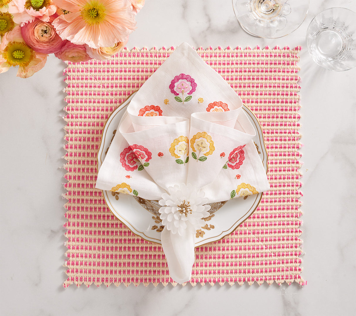 Kim Seybert Carnation Napkins in White, Pink & Orange - Lifestyle of Napkins at Fig Linens & Home 3