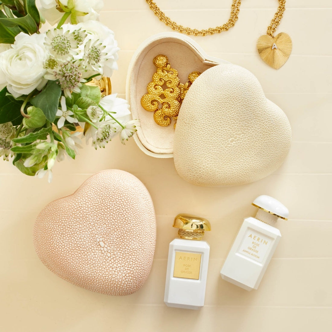 Shagreen Heart Box in Blush by AERIN at Fig Linens and Home - Lifestyle on Dressing Table