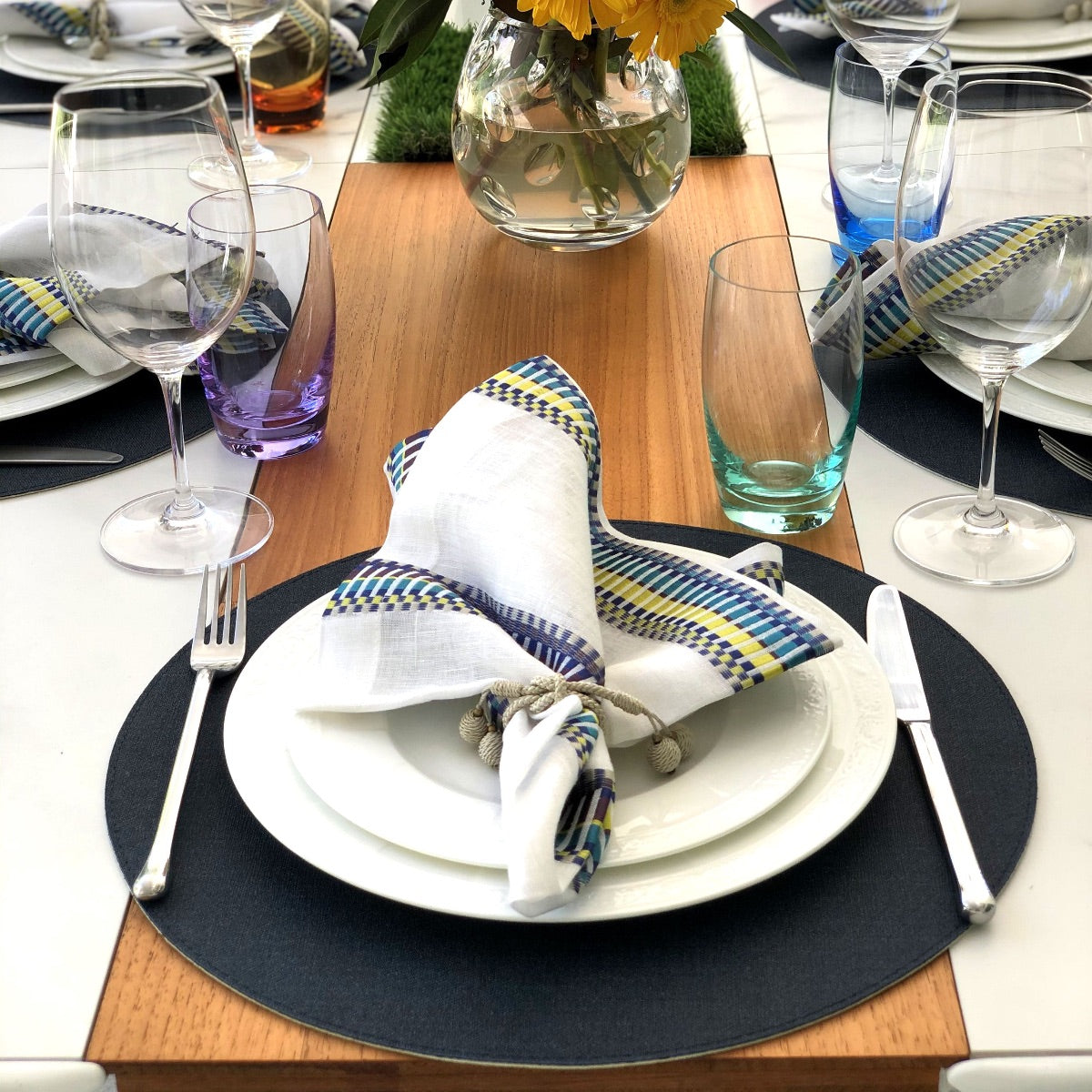 Chic Denim Pink & White Placemat Detail 2 | Mode Living at Fig Linens and Home