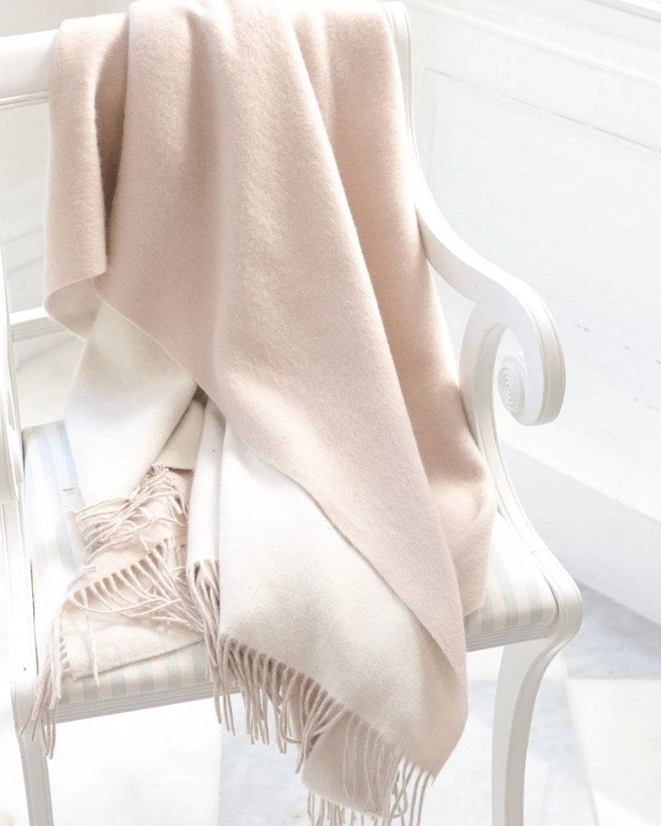 Alashan 100% Cashmere Throw on Chair - Reversible White and Bisque Luxurious Throw Blanket
