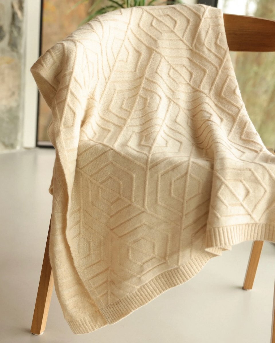 Cashmere Throw Blanket - Alashan Cashmere French Deco Knit in Dune on Chair