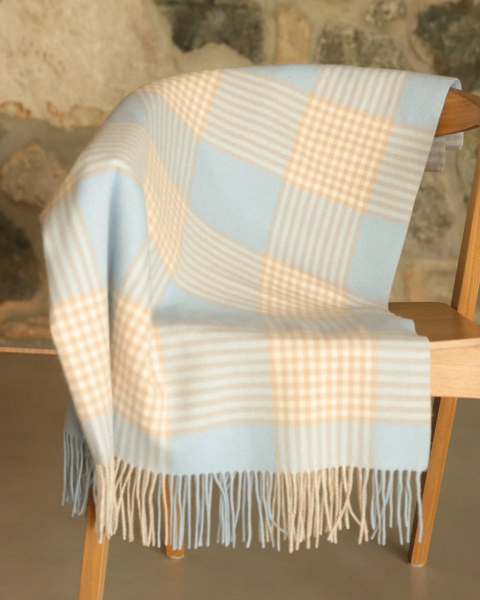 Glen Plaid Wool Blend Throw Blanket - Alashan Cashmere Blue Haze Throw on Chair 2