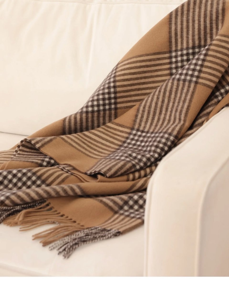 Glen Plaid Wool Blend Throw Blanket - Alashan Cashmere Camel Throw on Chair 1