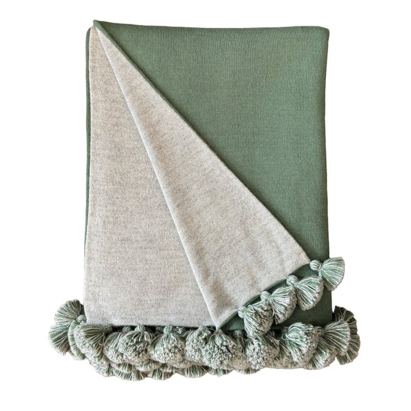 Alicia Adams Alpaca Bali Pompom Throw in Evergreen and Carbon | Luxury Throw Blankets at Fig Linens and Home