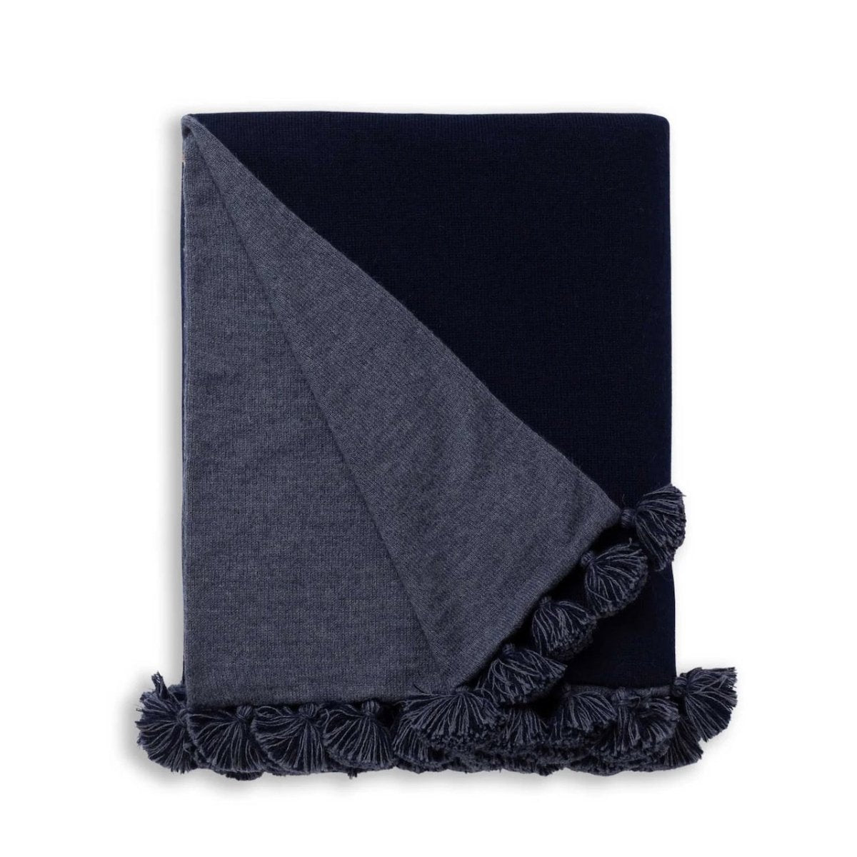 Alicia Adams Alpaca Bali Pompom Throw in Navy and Denim Blue | Luxury Throw Blankets at Fig Linens and Home