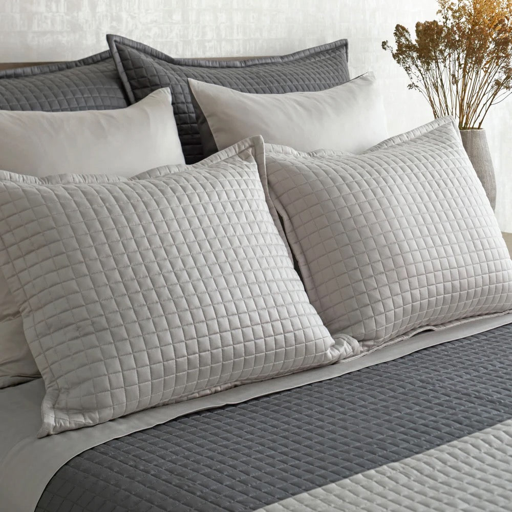 Ann Gish Pillow Sham - Ready-to-Bed 2.0 Quilted Sham Silver - Fig Linens and Home - Stack of Pillows