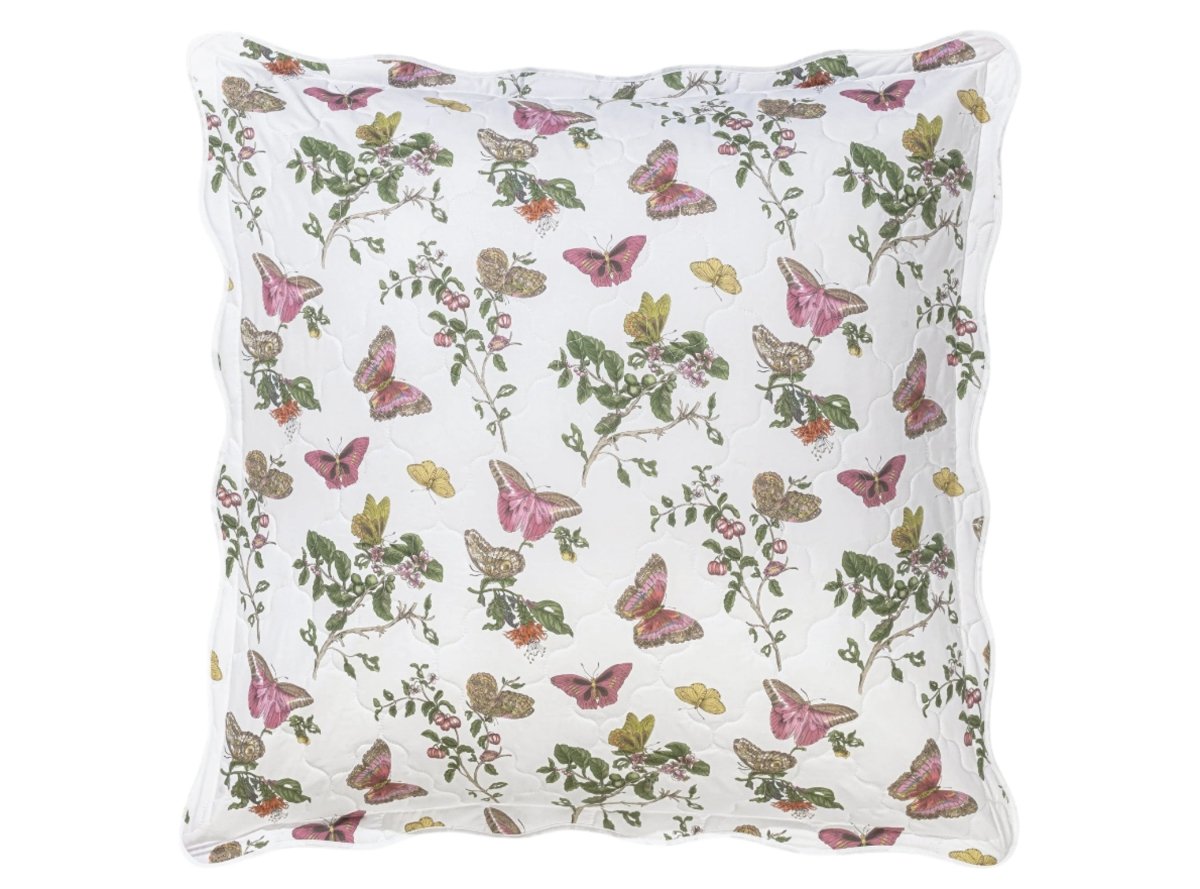 Baudin Butterfly Quilted Euro Sham 27 x 27, 1" flange Pink | Matouk Schumacher at Fig Linens and Home
