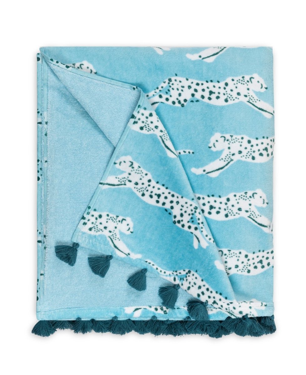 Leaping Leopard Beach Towel in Surf Blue | Matouk Schumacher