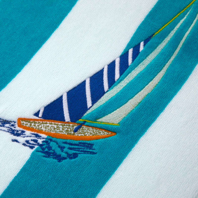 Detail of Embroidery on Yves Delorme Sailing Beach Towel at Fig Linens and Home