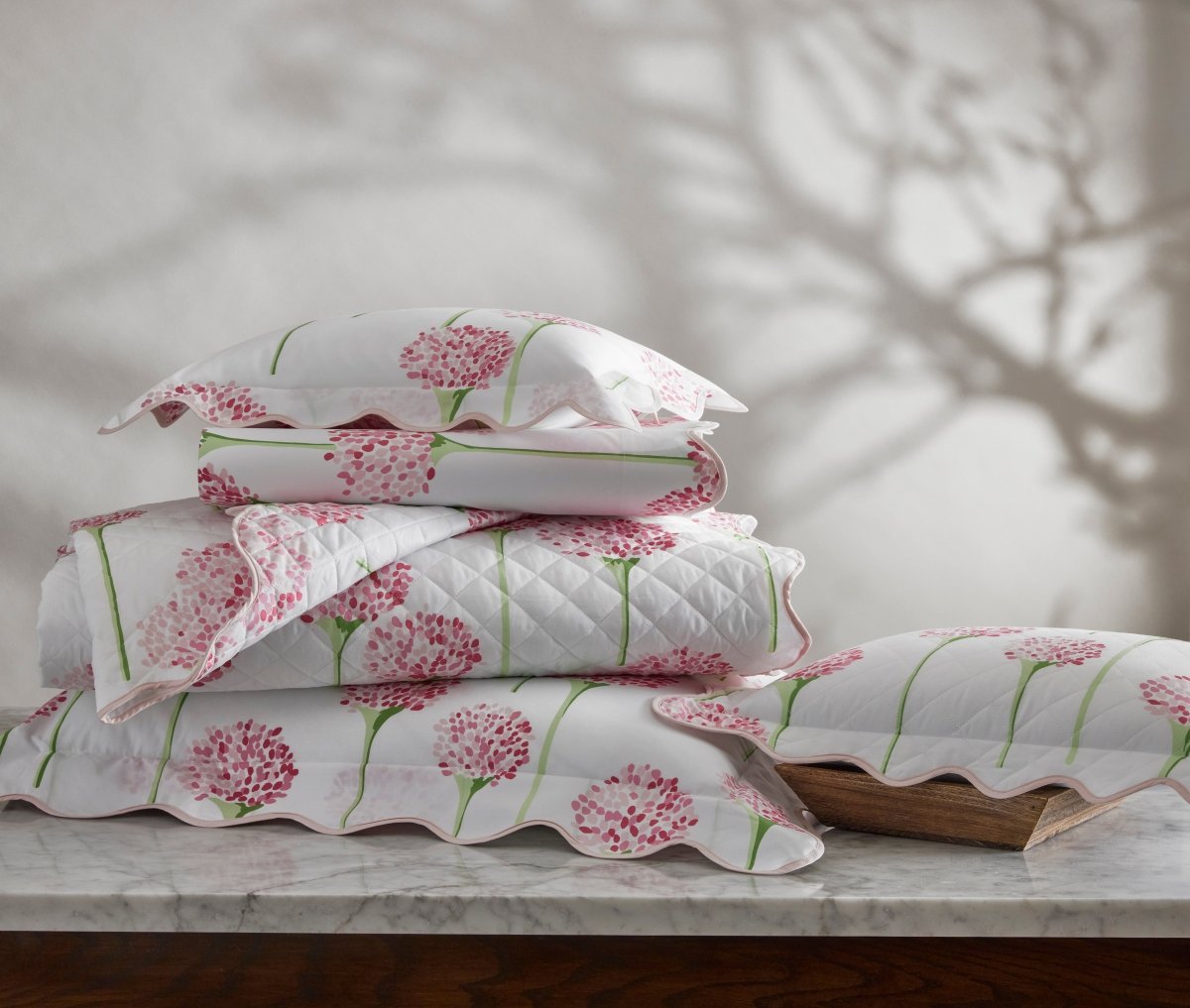 Matouk Charlotte Peony Pink Bed Stack at Fig Linens and Home