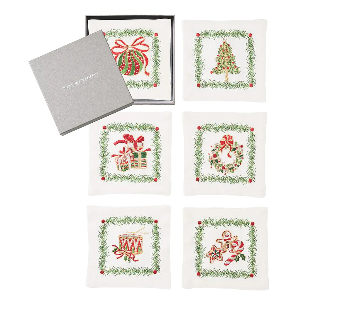Xmas Trellis White/Multi Cocktail Napkin Detail 3 | Kim Seybert at Fig Linens and Home