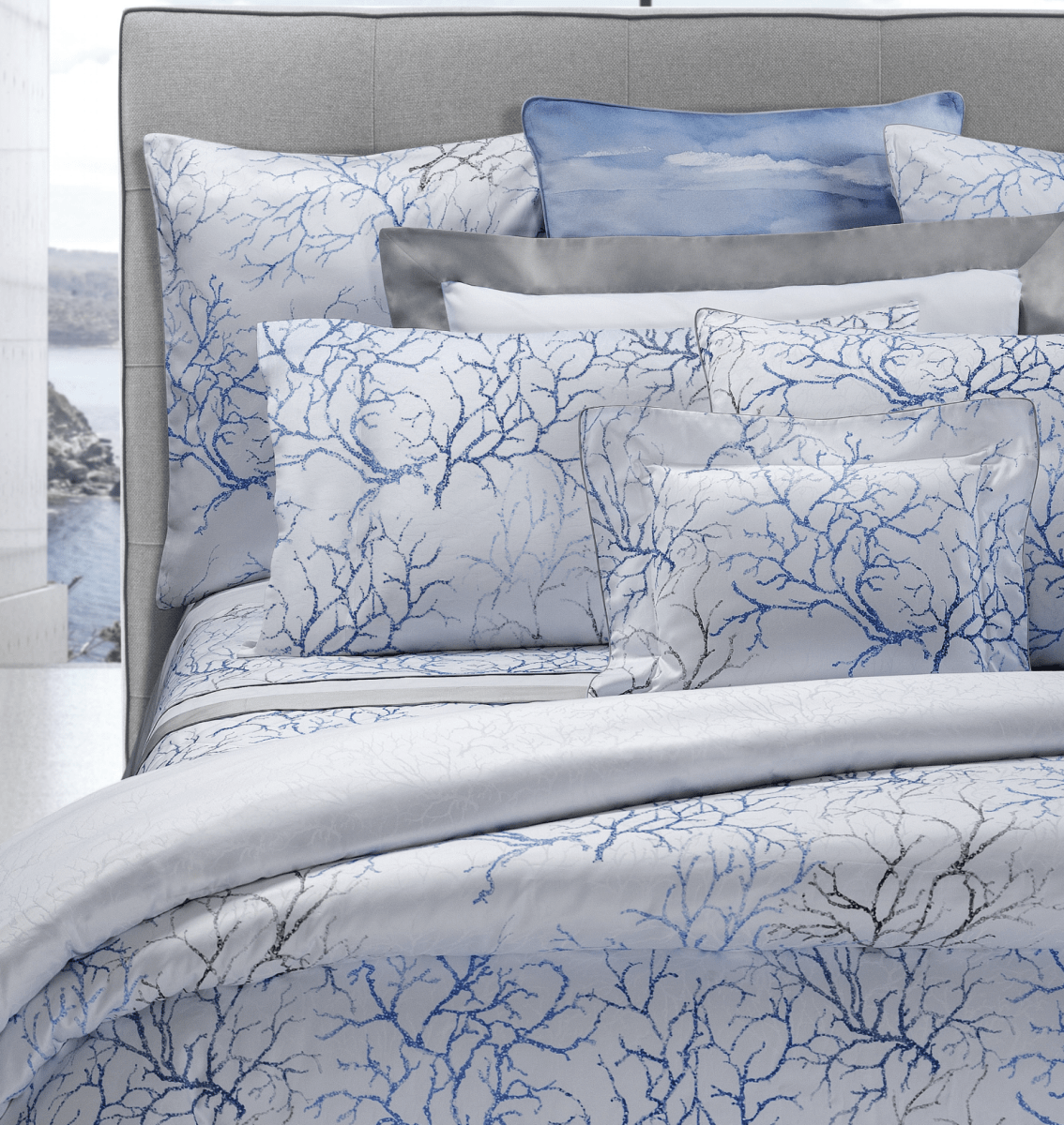 Dea Linens Capalbio Printed Bedding by Dea Linens - Twin Flat Sheet 71" x 114" Ice on White at FIG LINENS AND HOME - 1