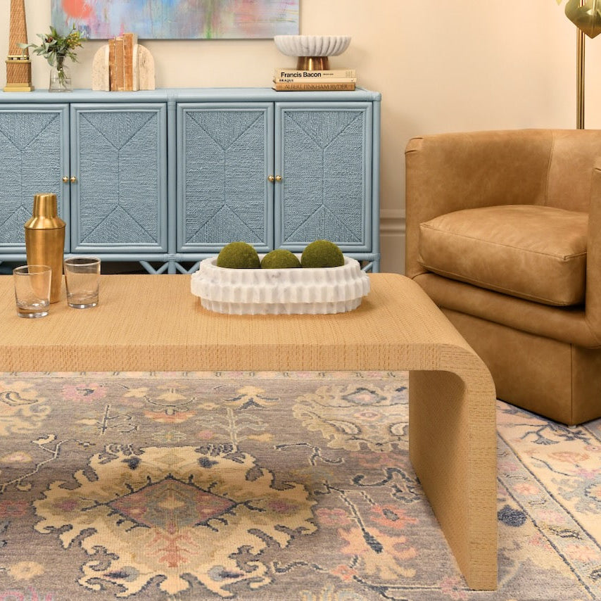 Worlds Away Newbury Coffee Table Lifestyle - Grasscloth Waterfall Table at Fig Linens and Home 3