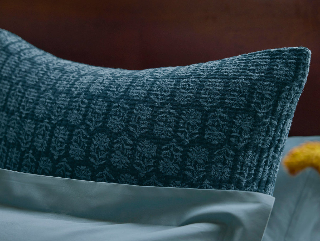 Mirada Organic Matelasse Cerulean Chrysanthemum Sham Styled Room View 2 | Coyuchi at Fig Linens and Home