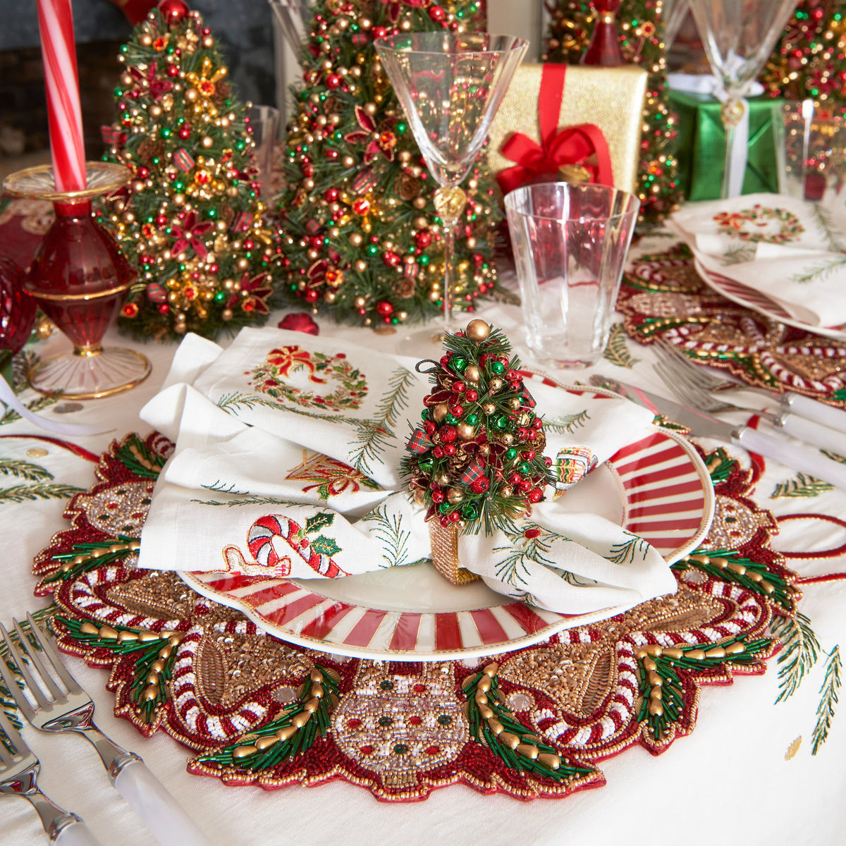 Tinsel Tree Red/Green/Gold Napkin Ring Detail 4 | Kim Seybert at Fig Linens and Home