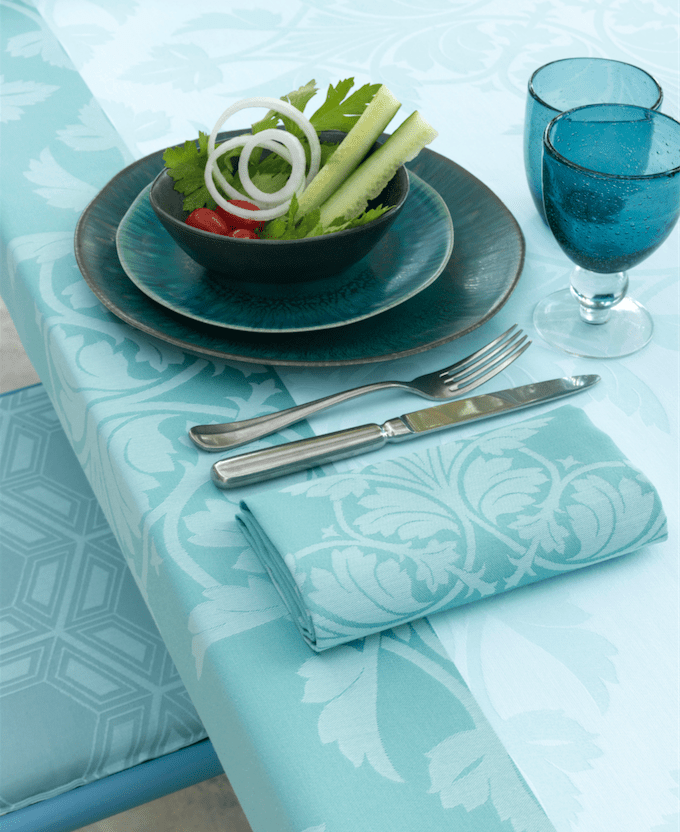 Le Jacquard Français Table Linen Syracuse Aqua Fig Linens Blue Tablecloth napkin runner