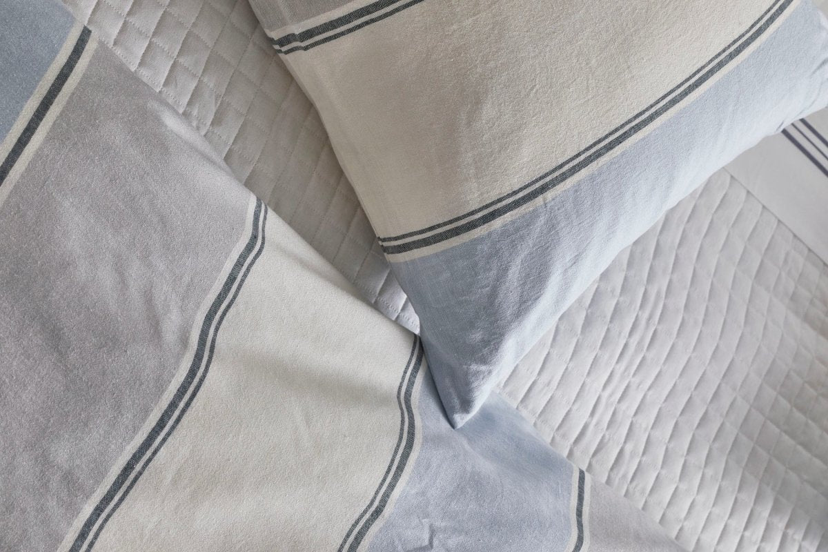 Detail of Fabric - Schooner Duvet Set in Blue, White and Grey | Ann Gish Art of Home Bedding