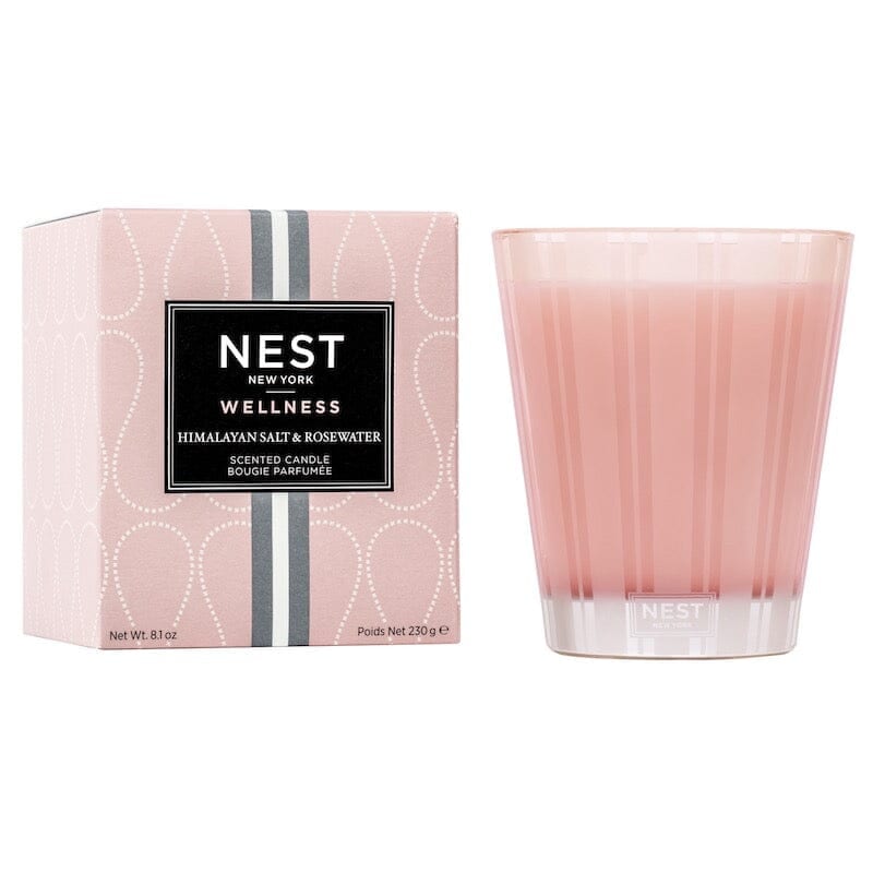 Himalayan Salt & Rosewater Classic Candle by Nest shown with box, by Fig Linens and Home.