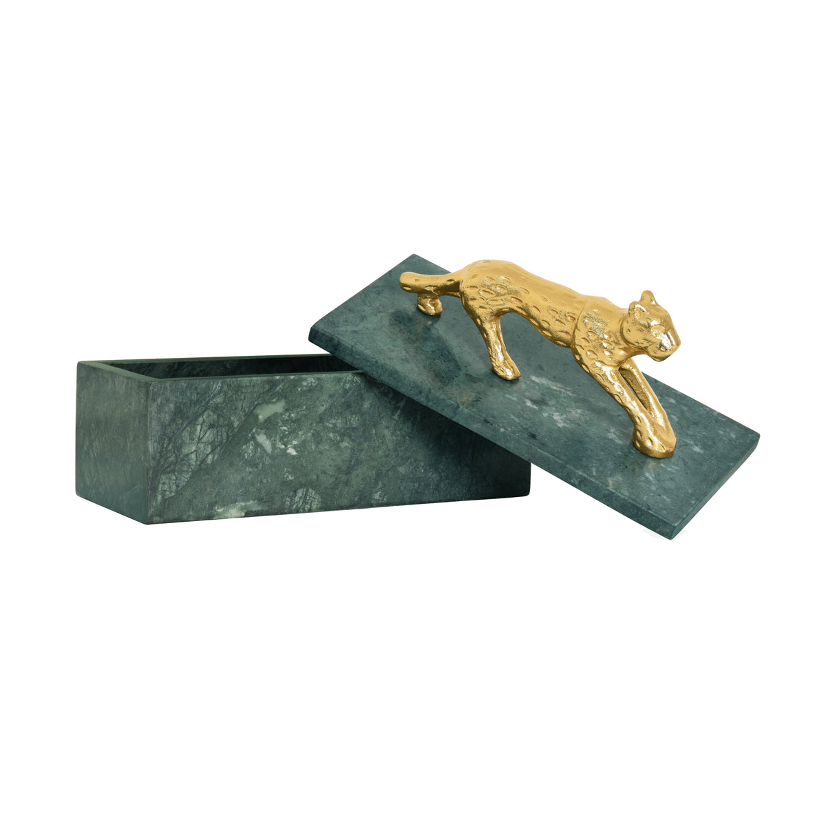 Jag Green Marble Box with Brass Jaguar Handle by Worlds Away - Open Lid View at Fig Linens and Home