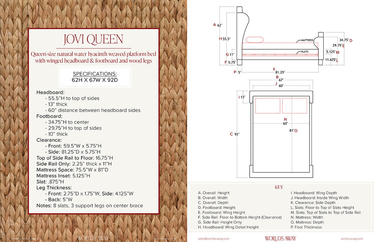 Jovi Queen Bed by Worlds Away at Fig Linens and Home | Coastal Winged Headboard Bed - Spec Sheet