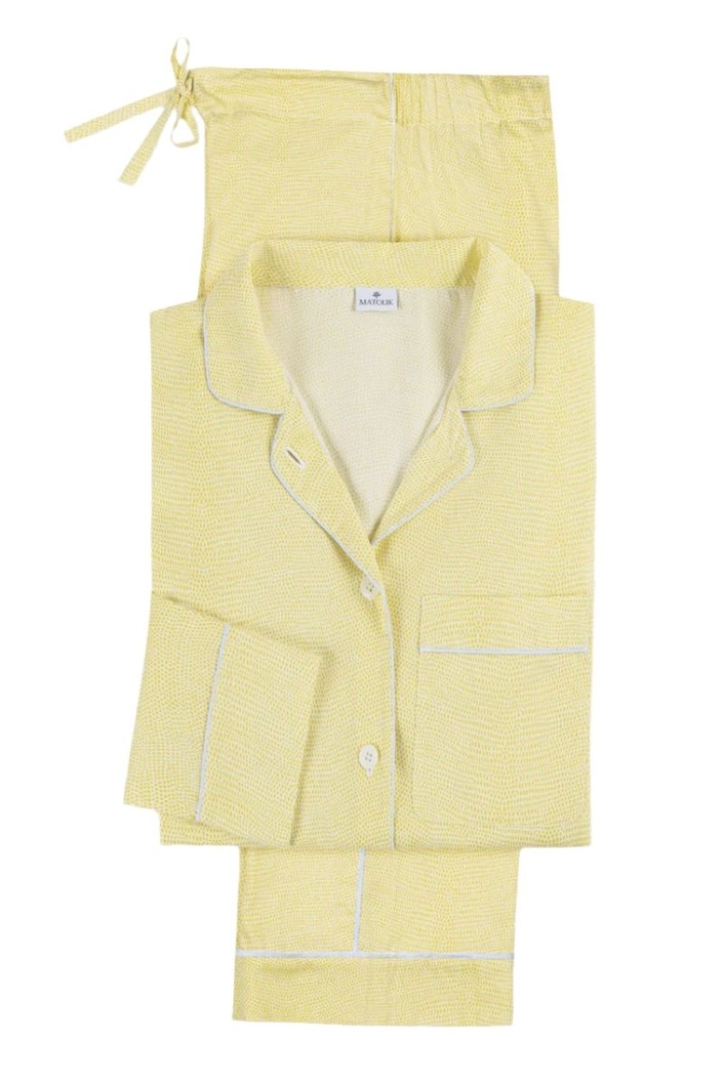 Pajamas - Matouk Jasper 100% Cotton PJ Set in Lemon Yellow with Blue Piping at Fig Linens & Home
