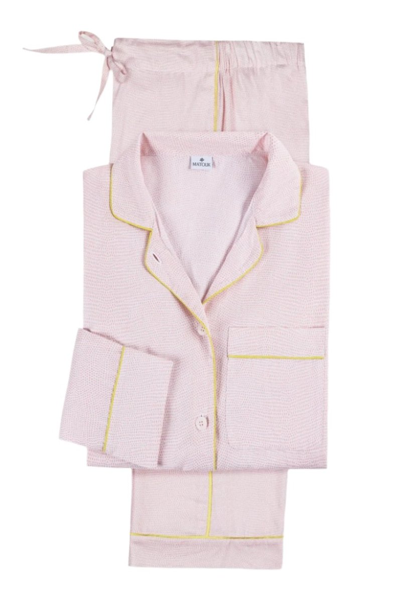 Pajamas - Matouk Jasper 100% Cotton PJ Set in Peony Pink with Yellow Piping at Fig Linens & Home