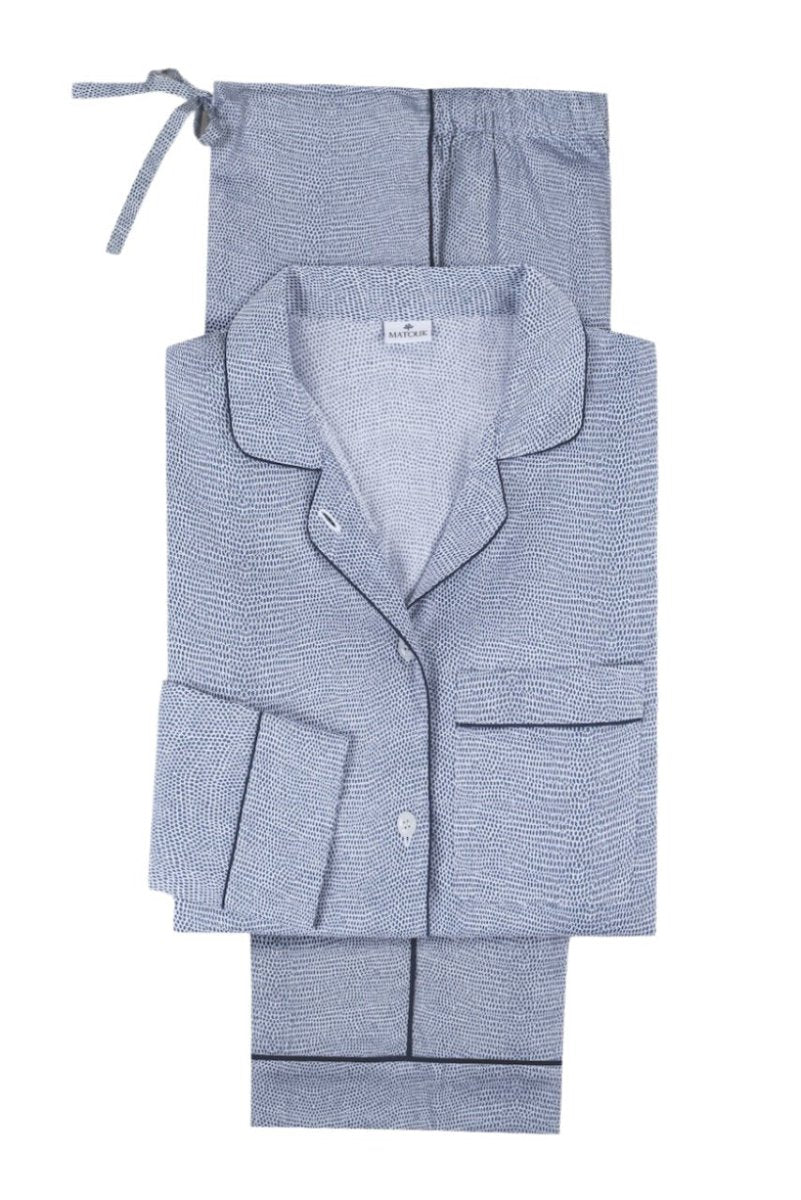 Pajamas - Matouk Jasper 100% Cotton PJ Set in Steel Blue with Navy Blue Piping at Fig Linens & Home
