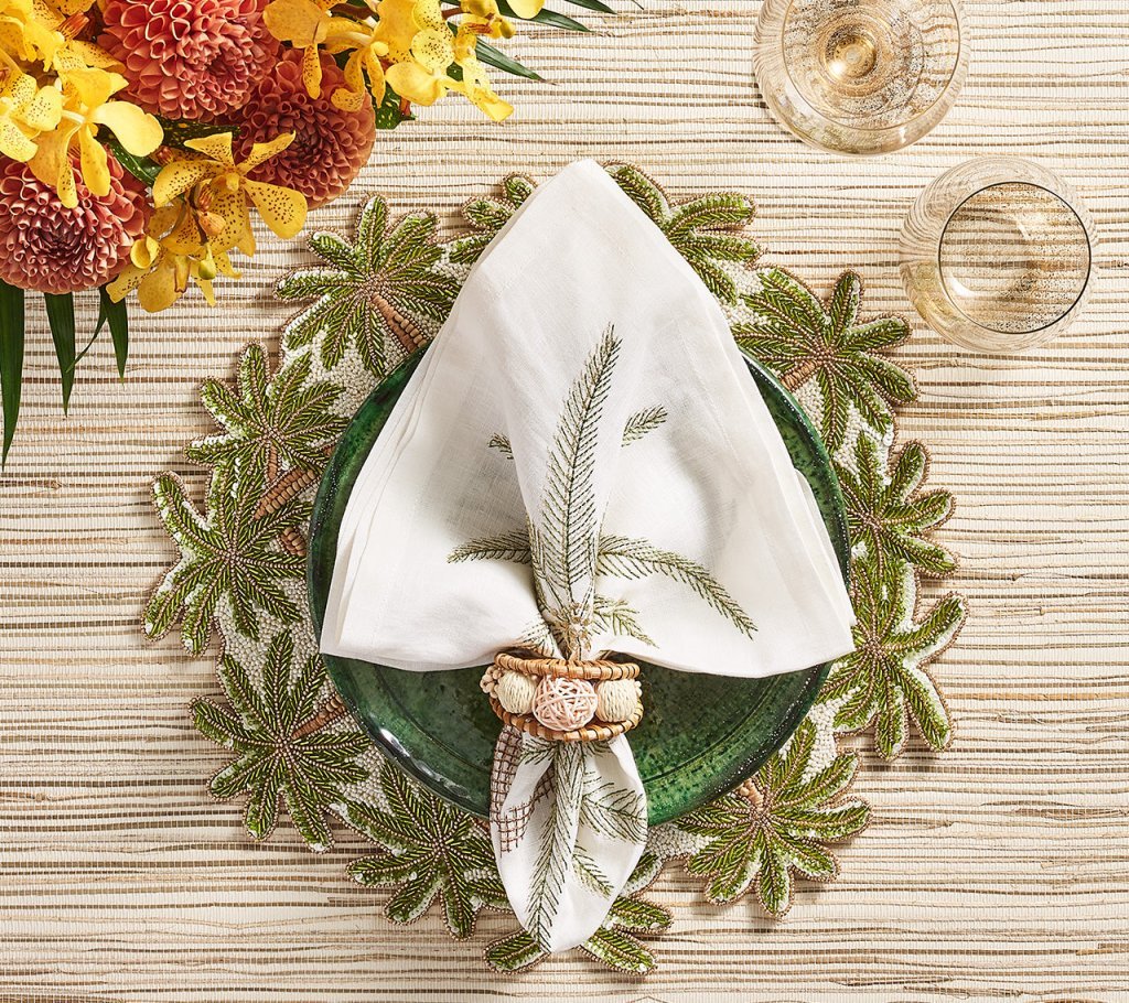 Oasis Placemat in Ivory Green & Gold Set of 2 by Kim Seybert - Lifestyle with Napkin 2