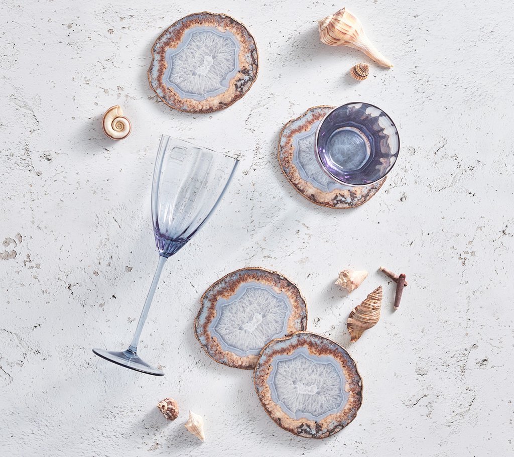 Strata Drink Coasters - Kim Seybert - Lifestyle Photo with shells and glassware