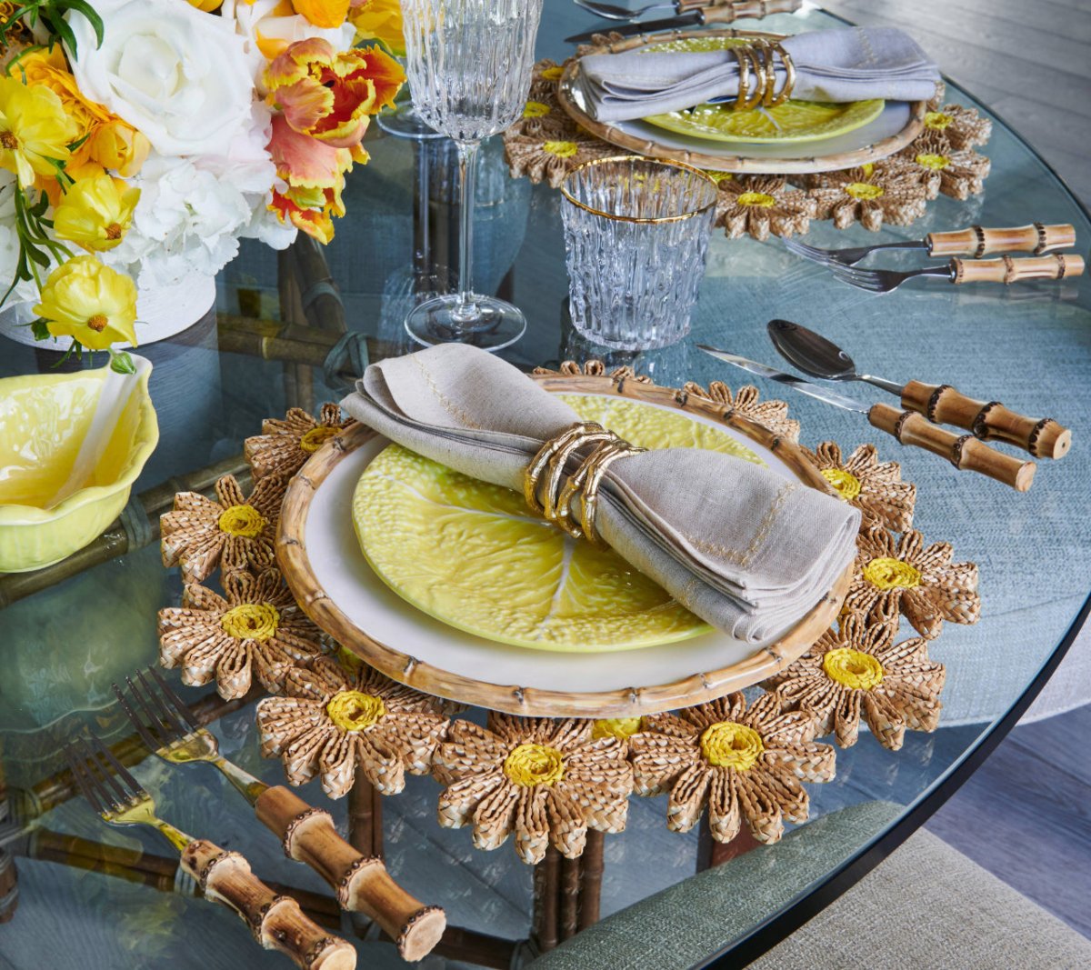 Kim Seybert Yellow Daisy Placemats at Fig Linens and Home - Table Lifestyle with Plates & Cutlery