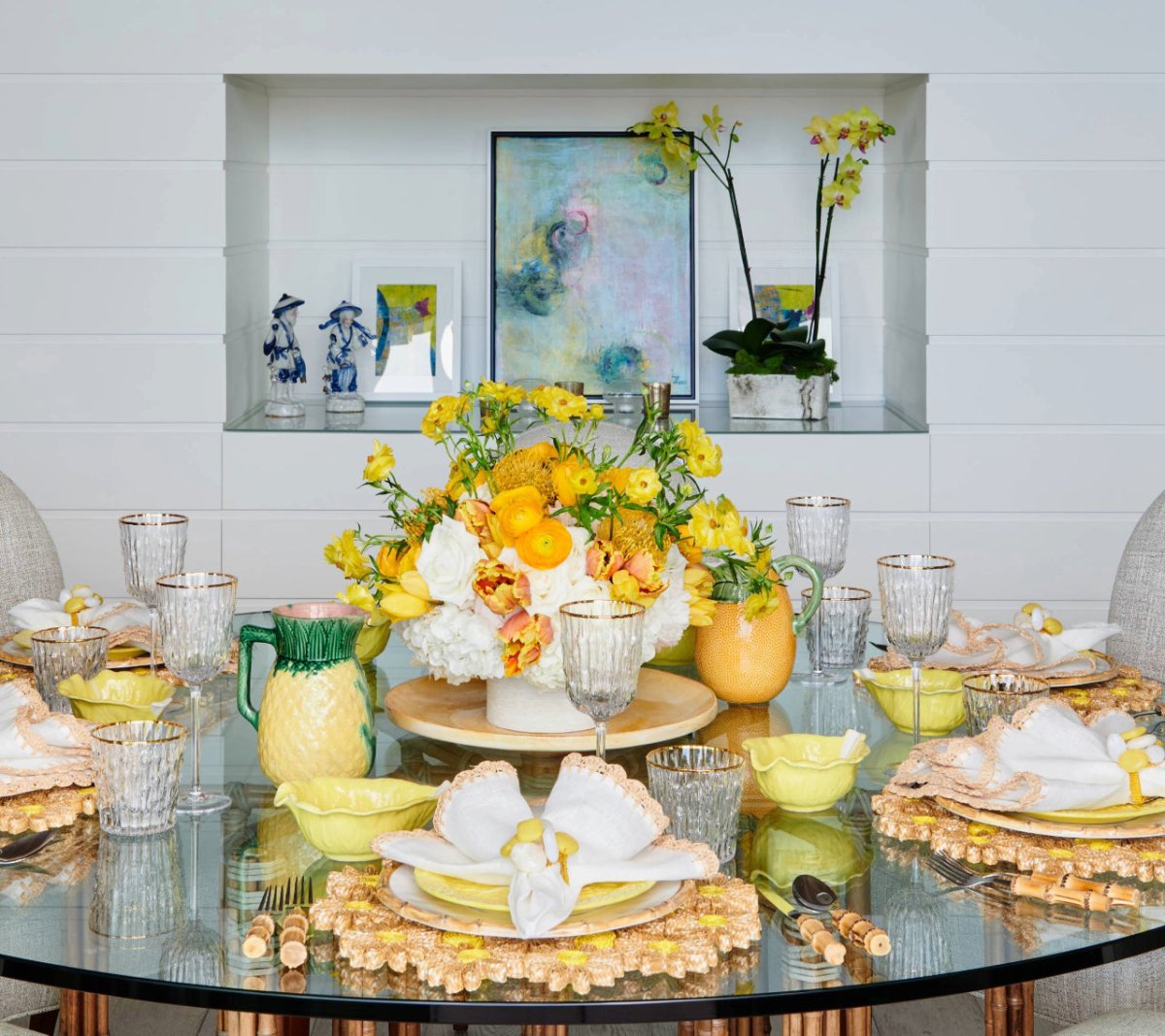 Kim Seybert Yellow Daisy Placemats at Fig Linens and Home - Beautifully Set Table Lifestyle Photo