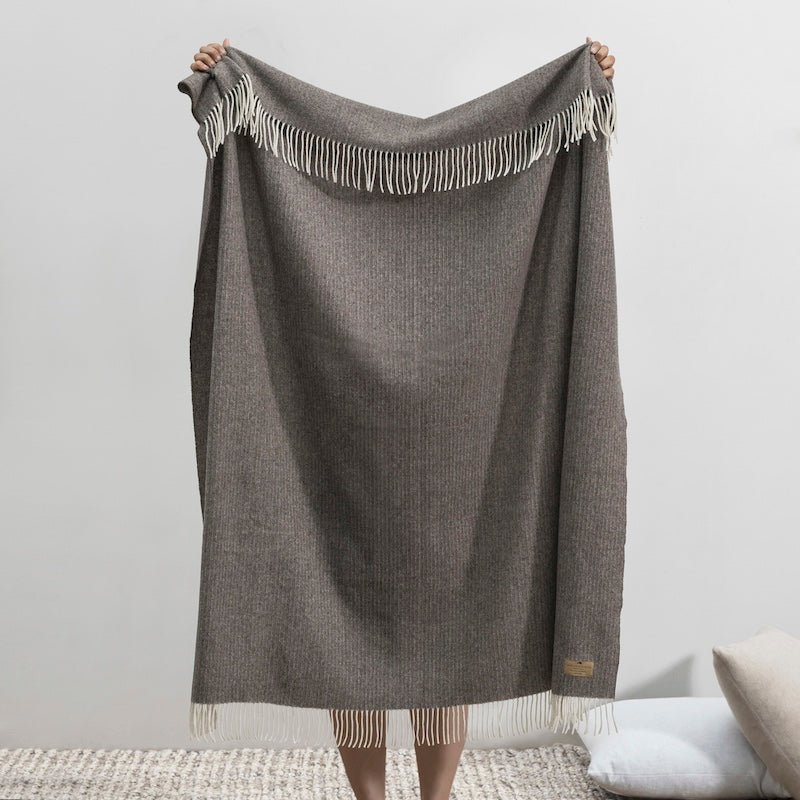 Cashmere Throw - Lands Downunder Mocha Pinstripe Cashmere Throw - Full Length with Fringe