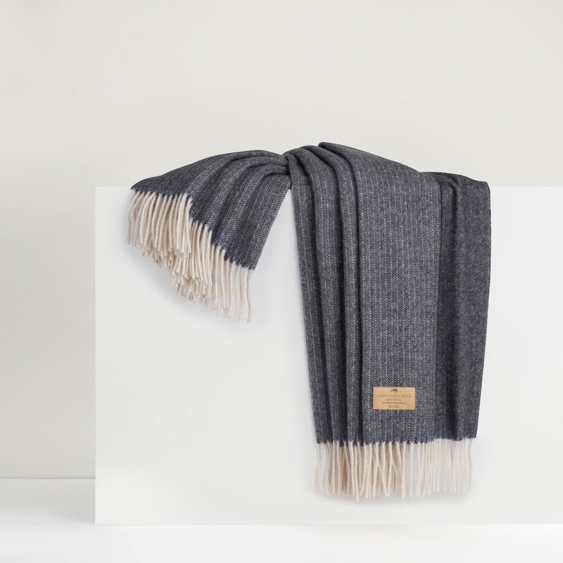 Cashmere Throw - Lands Downunder Navy Blue Pinstripe Cashmere Throw - Folded on Riser